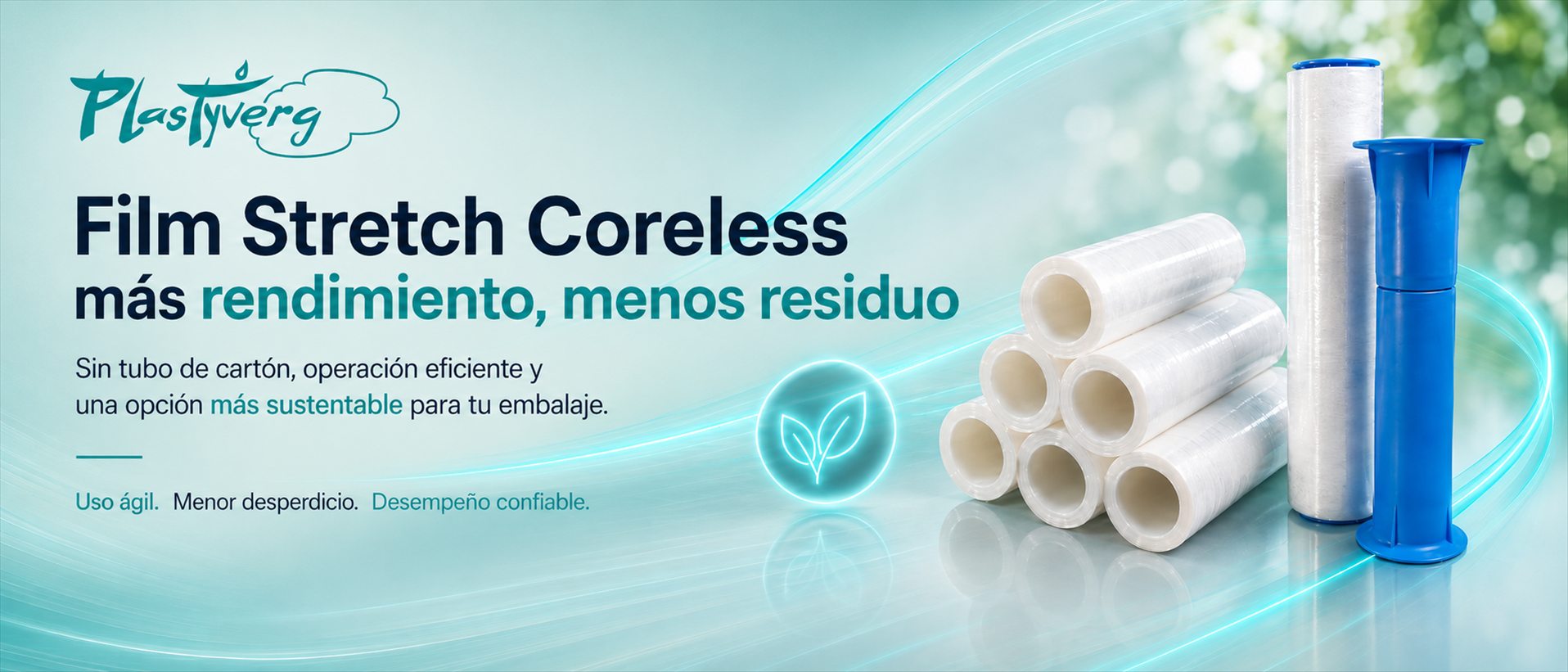 Film Stretch Coreless: más rendimiento, menos residuo. Sin tubo de cartón, operación eficiente y una opción más sustentable para tu embalaje.