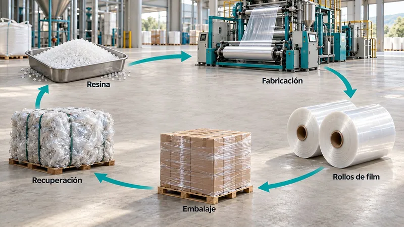 Ciclo conceptual del polietileno: resina, fabricación, rollos de film, embalaje de pallets y recuperación de residuos que pueden volver a convertirse en resina.