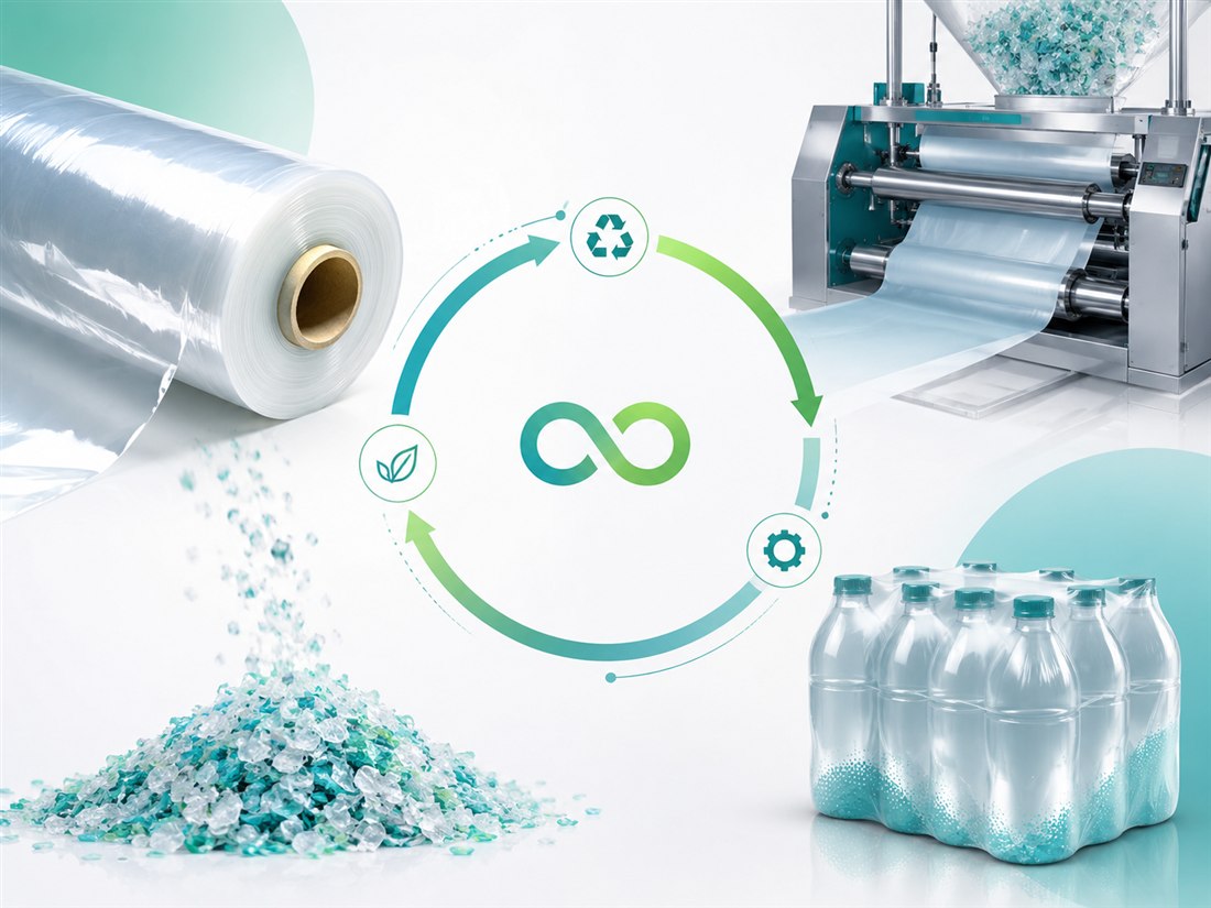 Ciclo de economía circular del plástico: film, reciclaje, resina recuperada y reprocesamiento