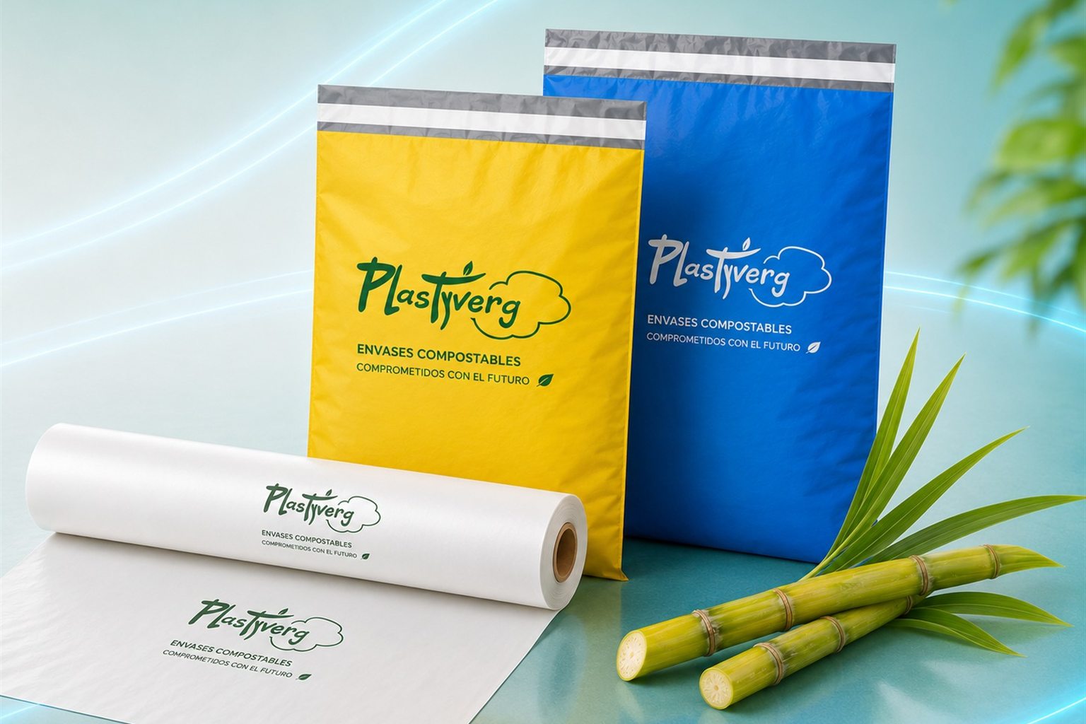 Rollo de film compostable y bolsas de despacho compostables amarilla y azul