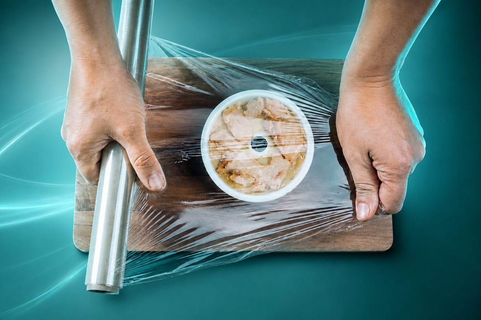 Envolviendo un alimento con film adherente Foodyfilm