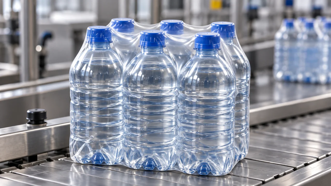 Pack de seis botellas embalado con polietileno termocontraíble en una línea industrial