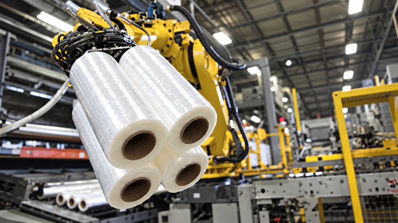 Rollos de film stretch manipulados en una línea industrial