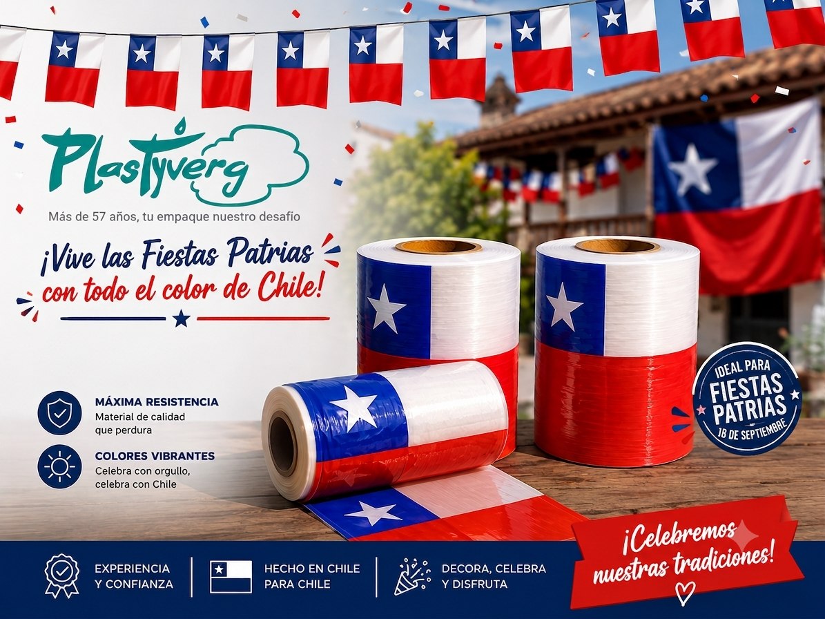 Vive las Fiestas Patrias con Plastyverg: banderas de Chile en rollo, film stretch impreso.