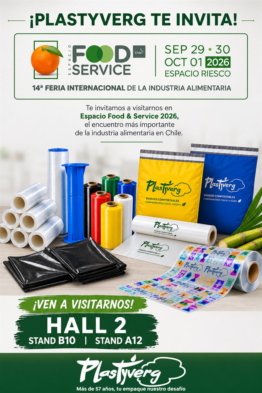 Plastyverg te invita a Espacio Food & Service 2026: 29 y 30 de septiembre y 1 de octubre, Espacio Riesco. Hall 2, stands B10 y A12.