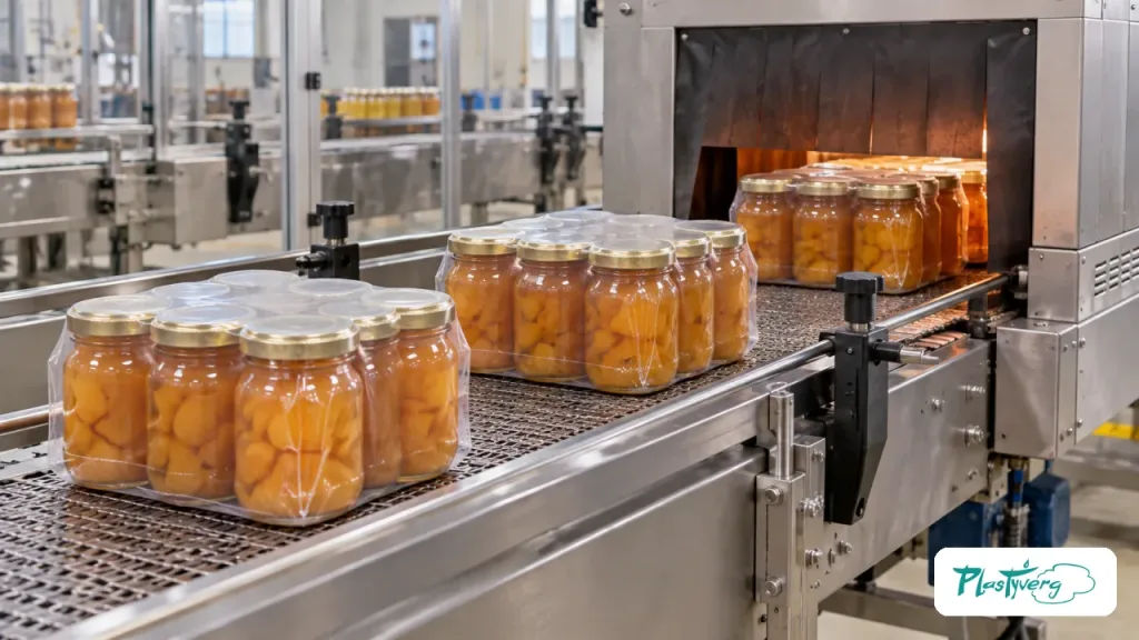 Packs de alimentos entran a un túnel de contracción en una línea productiva