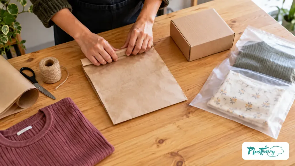 Mesa de preparación de pedidos con envases flexibles y de cartón en un comercio