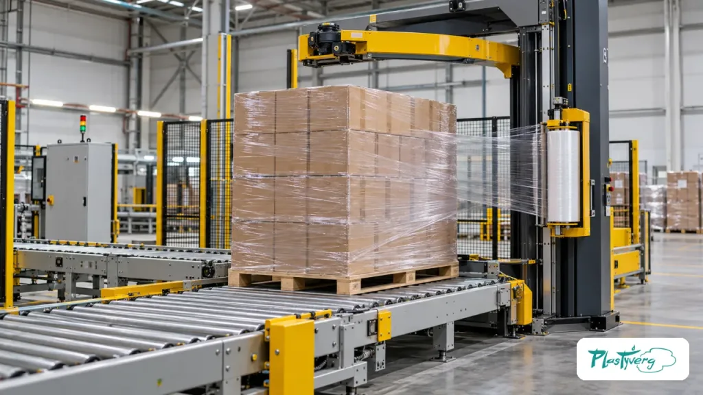Envolvedora automática de pallets al final de una línea de cajas
