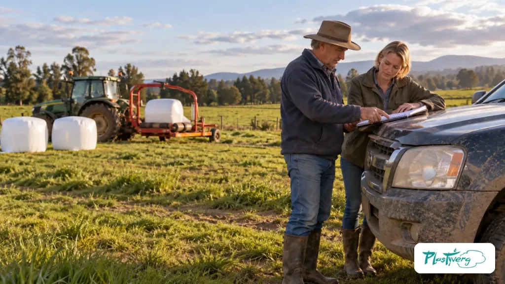 Agricultor y asesora planifican la temporada junto a una envolvedora agrícola