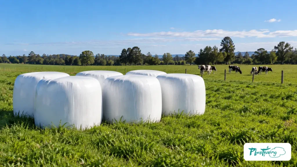 Bolos blancos de silofardo en una pradera de un fundo lechero