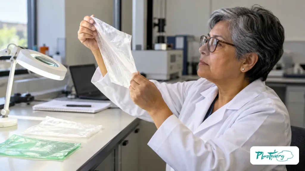 Especialista examina muestras de envases en un laboratorio de materiales