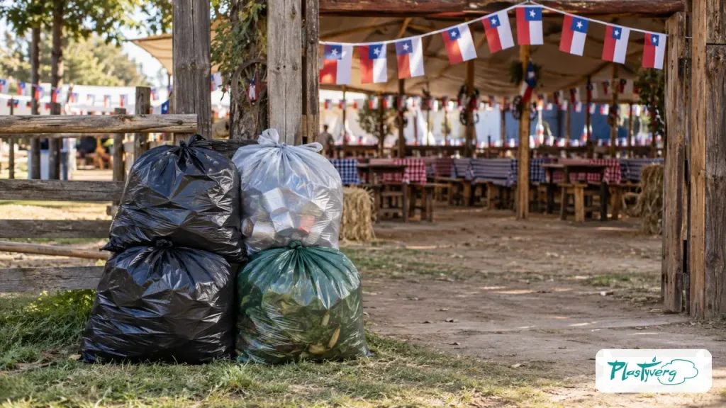 Grupo multigeneracional separa residuos orgánicos, compostables y cartón después de una fonda chilena