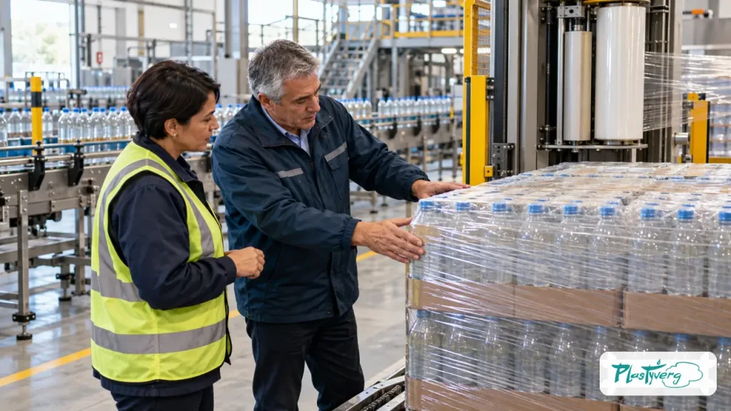 Especialistas revisan la aplicación de film stretch al final de una línea embotelladora