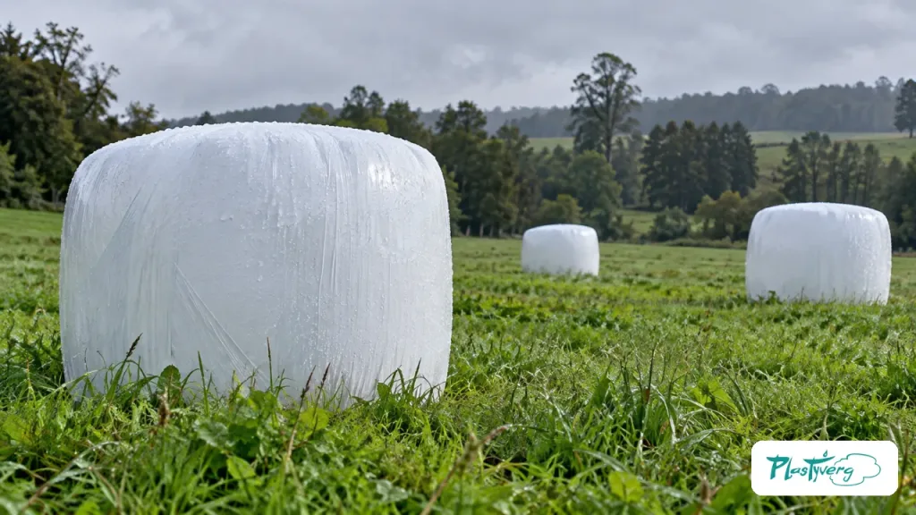 Bolos blancos sellados sobre pasto húmedo bajo cielo nublado
