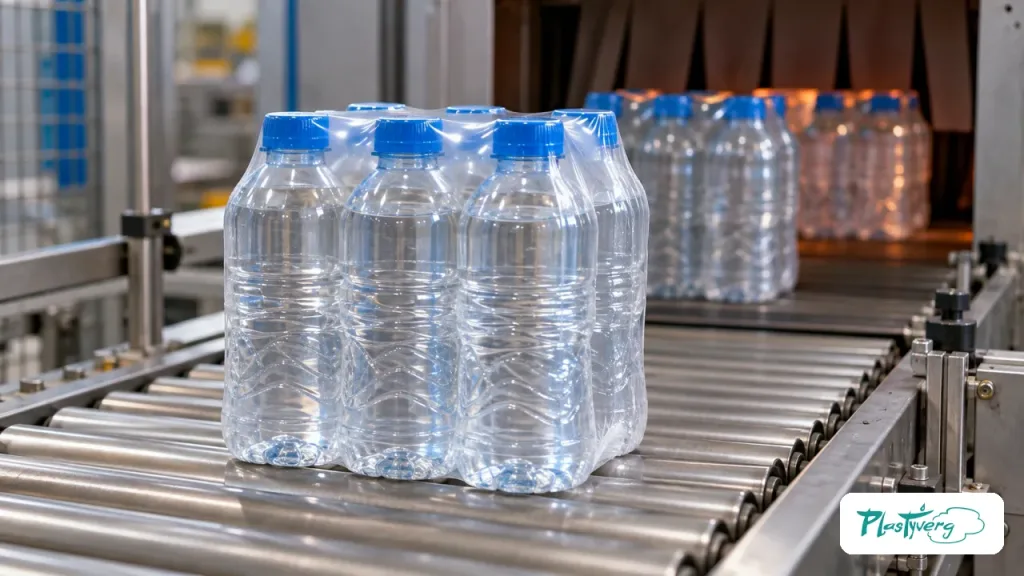 Primer plano de un pack de botellas saliendo del túnel de contracción