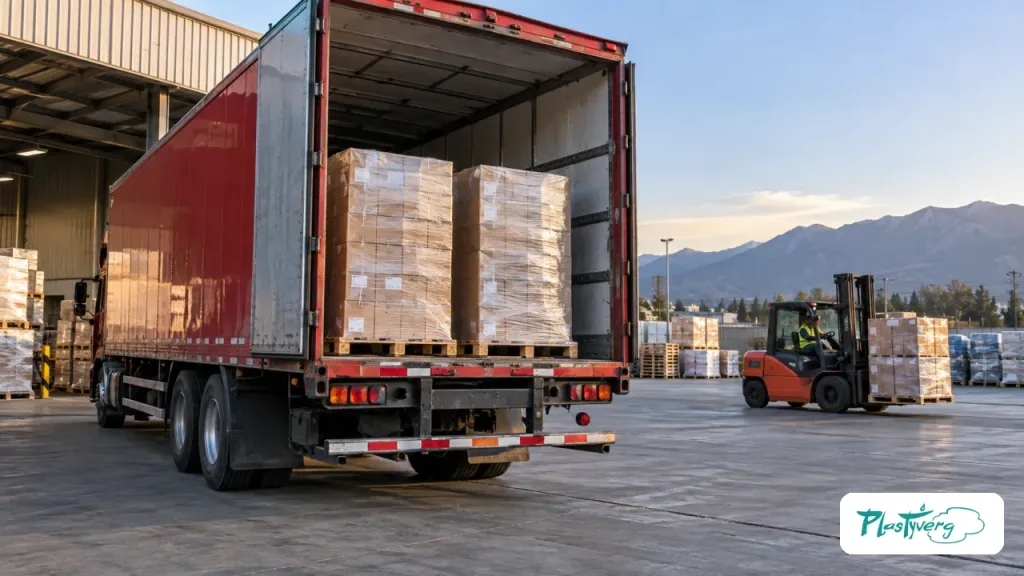Pallets embalados junto a un camión en un andén de despacho